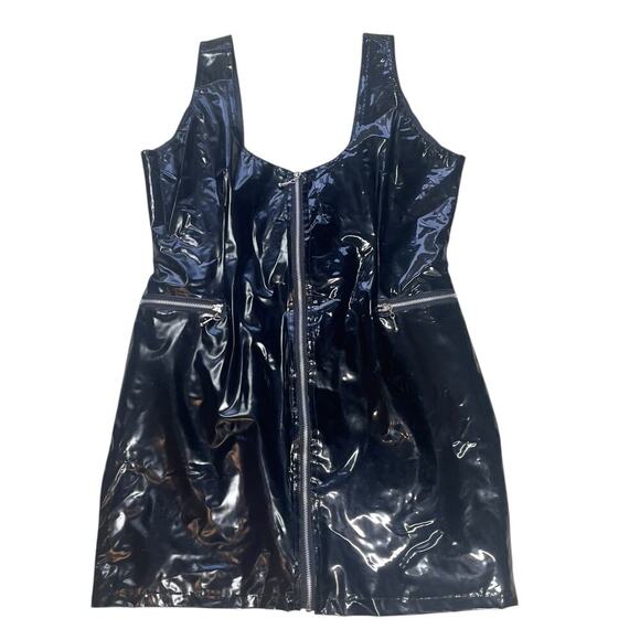 Vintage 90s Vinyl PVC Wet Look Goth Zip Front Black Mini Dress Size 16 NWT - Picture 12 of 15